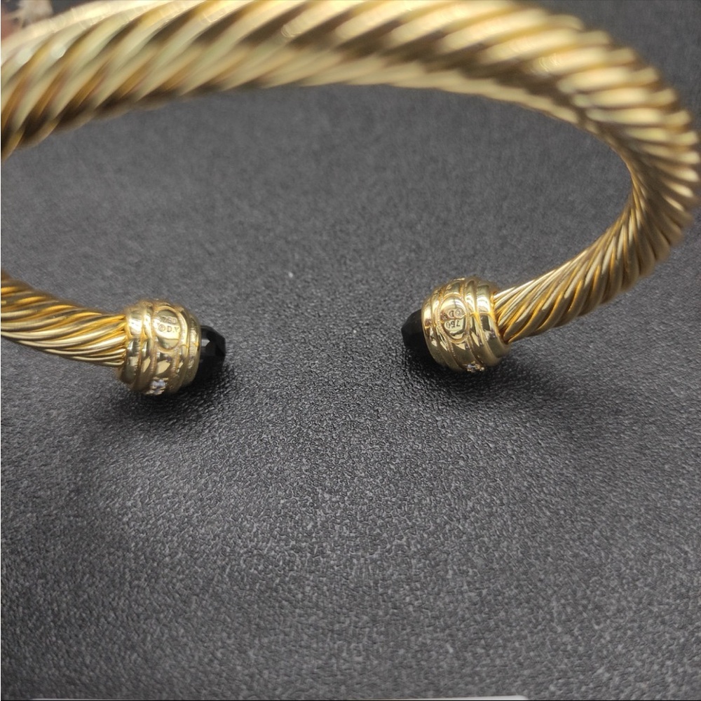 David Yurman Gold-Tone Twisted Cuff Bracelet with Black Stone End Caps 7mm - Picture 3 of 6